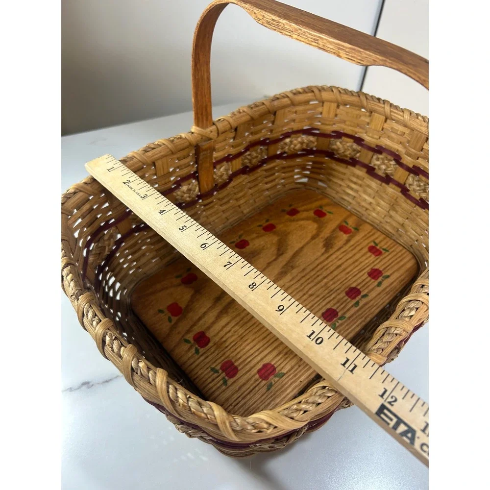 Handmade Woven Splint Basket Wood Base Hand Painted Apple Border Farmhouse Decor